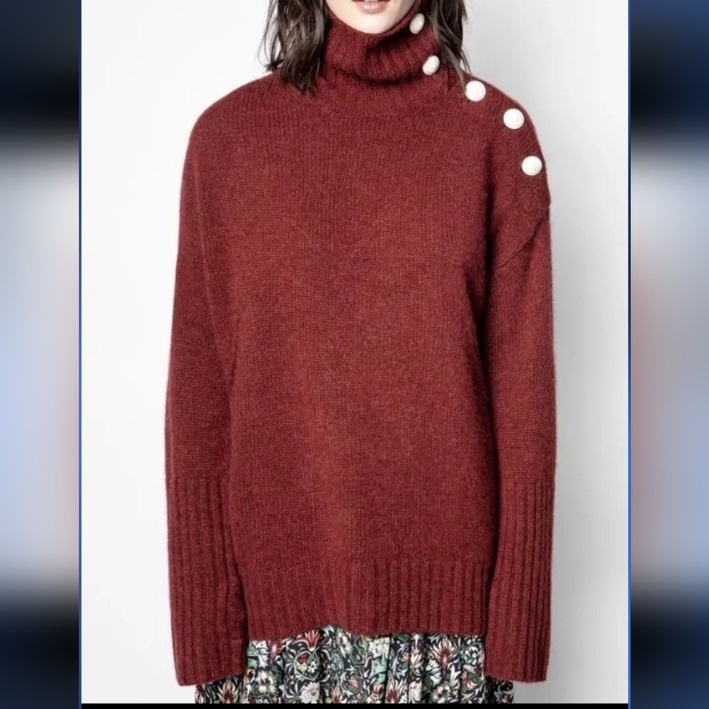 Zadig & Voltaire Alma Sweater 100% Cashmere Pullover Logo Buttons $848, XS, NWT!